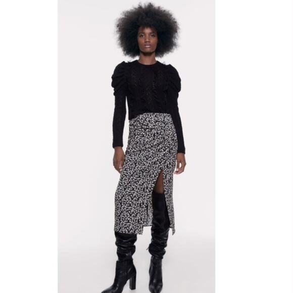 Zara Draped Black Moody Micro Floral Print Ruched Side Slit Midi Skirt XS - Picture 11 of 13